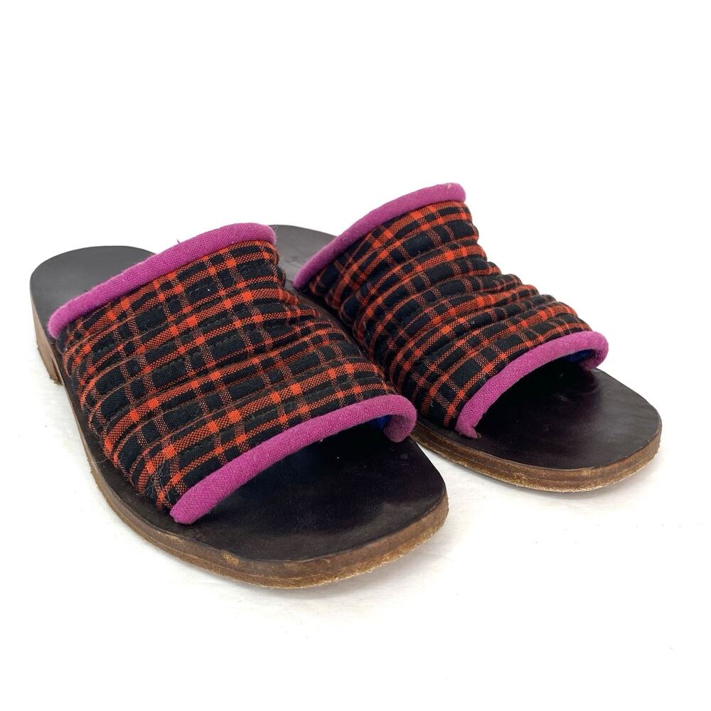 Rachel Sees Snail Fabric Slides Red Gingham Women's Size 7